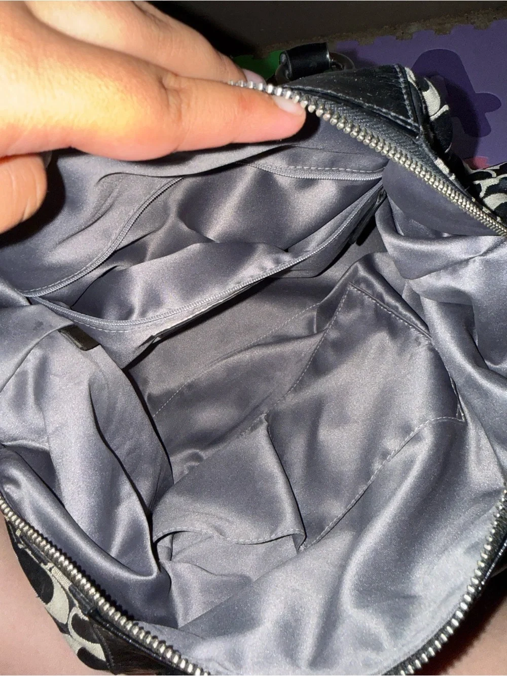 Coach Black and Ivory Logo Satchel with Patent Trim